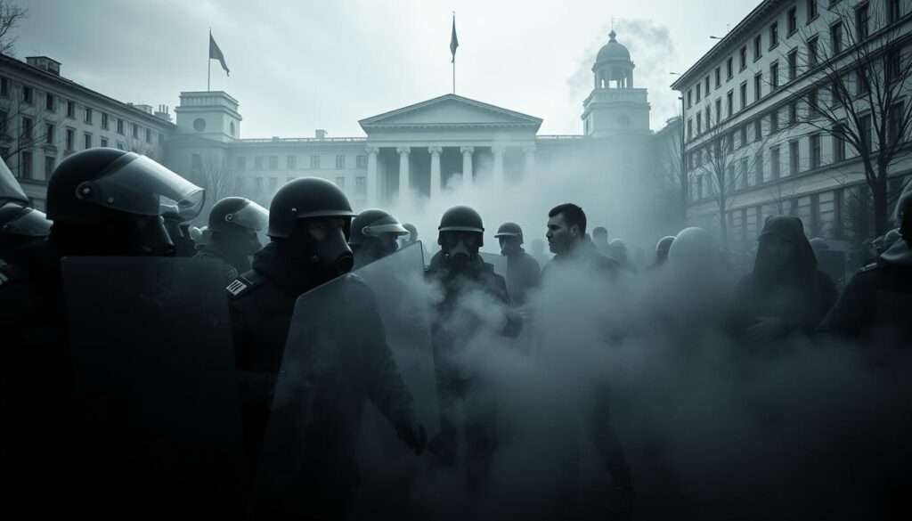 A bleak and somber scene depicting the political repression in Belarus. In the foreground, a group of protesters are being violently suppressed by heavily armored riot police, their faces obscured by gas masks and shields. The middle ground is shrouded in a haze of tear gas, creating an atmosphere of chaos and despair. In the background, the imposing facades of government buildings loom, symbolizing the authoritarian control of the Lukashenko regime. The lighting is harsh and unforgiving, casting deep shadows and highlighting the brutality of the crackdown. The camera angle is low and gritty, placing the viewer amidst the confrontation, capturing the gravity and tension of the scene. A bleak and somber scene depicting the political repression in Belarus. In the foreground, a group of protesters are being violently suppressed by heavily armored riot police, their faces obscured by gas masks and shields. The middle ground is shrouded in a haze of tear gas, creating an atmosphere of chaos and despair. In the background, the imposing facades of government buildings loom, symbolizing the authoritarian control of the Lukashenko regime. The lighting is harsh and unforgiving, casting deep shadows and highlighting the brutality of the crackdown. The camera angle is low and gritty, placing the viewer amidst the confrontation, capturing the gravity and tension of the scene.