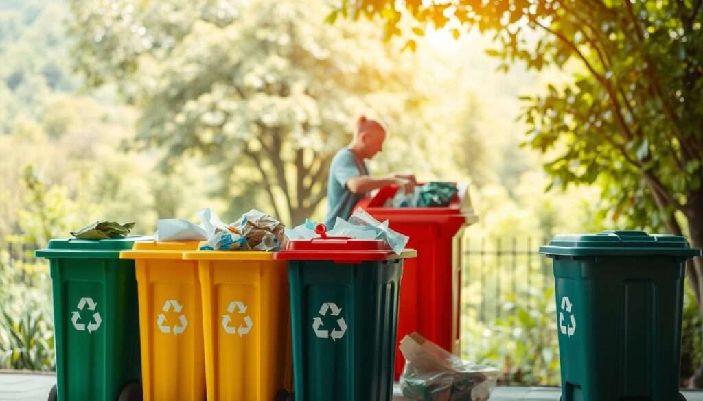 A brightly lit scene depicting the selective collection of waste. In the foreground, a group of colorful recycling bins stand ready to receive different types of recyclable materials - paper, plastic, glass, and metal. The middle ground showcases a person carefully sorting through the bins, ensuring proper segregation. In the background, a lush, verdant landscape provides a serene natural backdrop, emphasizing the environmental benefits of this waste management practice. The lighting is warm and diffused, creating a welcoming and inviting atmosphere. The composition is balanced, with the recycling bins occupying the central focus and the person's actions guiding the viewer's eye through the scene. The overall tone is one of environmental responsibility and civic engagement.