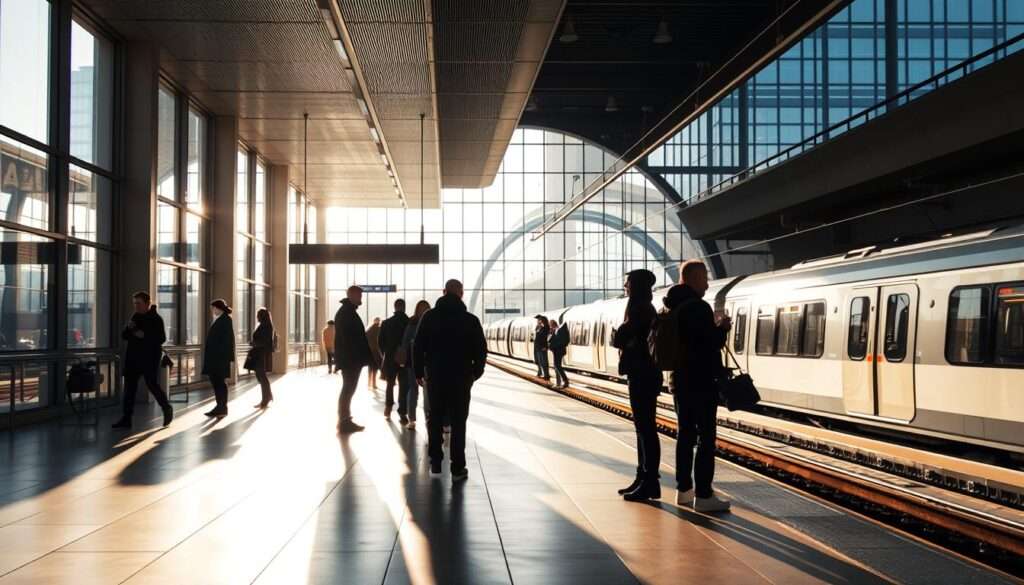 A brightly lit subway station in Kabaty, Warsaw, Poland. The platform is bustling with commuters waiting to board the trains. The station's architecture features a modern, minimalist design with clean lines and large windows, allowing natural light to flood the space. In the foreground, passengers are standing on the platform, their silhouettes casting shadows on the sleek, tiled floor. The middle ground showcases the train tracks and the sleek, streamlined design of the trains themselves, hinting at the efficient and reliable transportation system. In the background, the station's exterior is visible, with its distinctive glass-and-steel structure blending seamlessly with the surrounding urban landscape. The overall atmosphere conveys a sense of functionality and convenience, reflecting the everyday routine of the local residents. A brightly lit subway station in Kabaty, Warsaw, Poland. The platform is bustling with commuters waiting to board the trains. The station's architecture features a modern, minimalist design with clean lines and large windows, allowing natural light to flood the space. In the foreground, passengers are standing on the platform, their silhouettes casting shadows on the sleek, tiled floor. The middle ground showcases the train tracks and the sleek, streamlined design of the trains themselves, hinting at the efficient and reliable transportation system. In the background, the station's exterior is visible, with its distinctive glass-and-steel structure blending seamlessly with the surrounding urban landscape. The overall atmosphere conveys a sense of functionality and convenience, reflecting the everyday routine of the local residents.