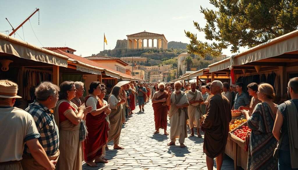 A bustling Athenian marketplace during the Golden Age of Pericles, bathed in warm Mediterranean sunlight. In the foreground, a group of citizens engaged in lively political discourse, gesticulating passionately as they debate the merits of the democracy. Stalls laden with local produce and handcrafted wares line the cobblestone streets, while in the background, the imposing silhouette of the Acropolis looms, a symbol of the city's cultural and artistic achievements. The scene radiates a sense of civic pride and the vitality of a society where the people hold the power to shape their own destiny. A bustling Athenian marketplace during the Golden Age of Pericles, bathed in warm Mediterranean sunlight. In the foreground, a group of citizens engaged in lively political discourse, gesticulating passionately as they debate the merits of the democracy. Stalls laden with local produce and handcrafted wares line the cobblestone streets, while in the background, the imposing silhouette of the Acropolis looms, a symbol of the city's cultural and artistic achievements. The scene radiates a sense of civic pride and the vitality of a society where the people hold the power to shape their own destiny.