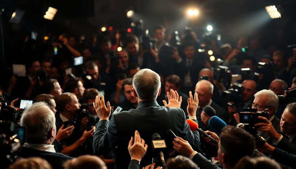 A bustling press conference setting, with reporters and cameras capturing the center stage. The subject, a prominent public figure, stands amidst the media frenzy, hands gesturing as they deliver a statement. Dramatic lighting casts shadows, creating an air of tension and scrutiny. The background blurs, with flashes of cameras and a sea of microphones, conveying the intensity of the media scrutiny. The overall atmosphere evokes a sense of controversy and heightened public interest, reflecting the "kontrowersje medialne" (media controversies) at the heart of the narrative.