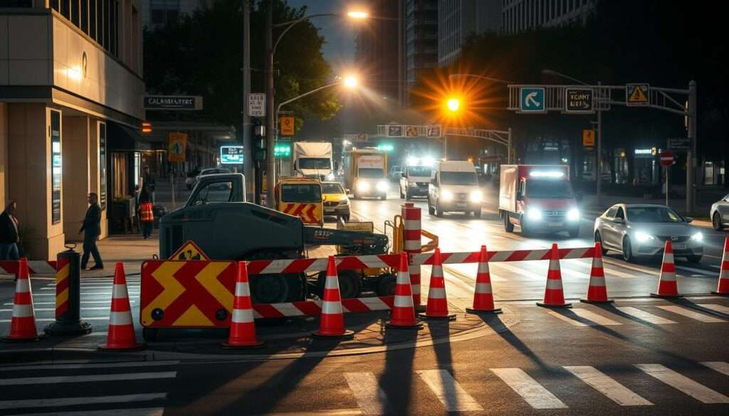 A busy urban street intersection, with construction equipment occupying the sidewalk and part of the roadway. Bright work lights illuminate the scene, casting long shadows. Caution signs, safety barriers, and orange traffic cones create a sense of disruption to the normal flow of traffic. In the background, pedestrians navigate around the obstacles, while cars and trucks carefully maneuver through the narrowed passage. The overall atmosphere conveys the challenges and inconveniences of dealing with a blocked right-of-way, as required by regulations governing public roads.