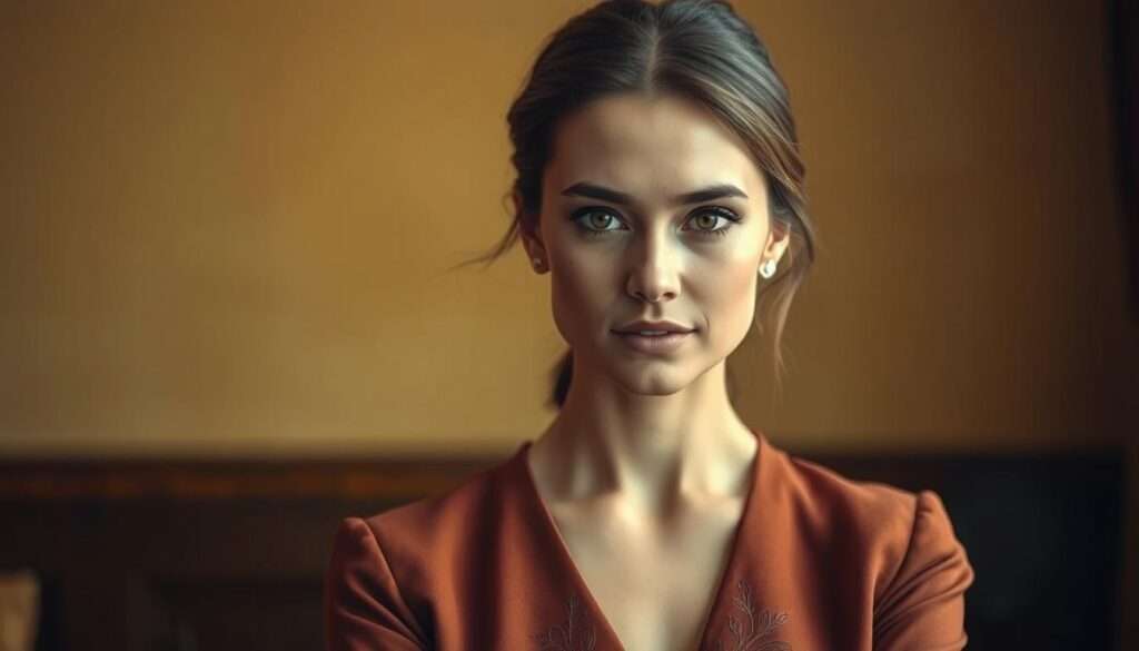 A captivating portrait of a young, elegant woman adorned in a sophisticated, tailored dress, standing confidently against a backdrop of warm, muted tones. Her expression conveys a sense of poise and quiet confidence, hinting at the intriguing narrative of her life as the wife of a politician. The composition is framed with a shallow depth of field, drawing the viewer's attention to the subject's alluring features and subtle, refined makeup. Soft, directional lighting accentuates the contours of her face, creating a sense of depth and drama. This image evokes a mood of intrigue and mystery, inviting the viewer to explore the untold story behind this remarkable woman. A captivating portrait of a young, elegant woman adorned in a sophisticated, tailored dress, standing confidently against a backdrop of warm, muted tones. Her expression conveys a sense of poise and quiet confidence, hinting at the intriguing narrative of her life as the wife of a politician. The composition is framed with a shallow depth of field, drawing the viewer's attention to the subject's alluring features and subtle, refined makeup. Soft, directional lighting accentuates the contours of her face, creating a sense of depth and drama. This image evokes a mood of intrigue and mystery, inviting the viewer to explore the untold story behind this remarkable woman.
