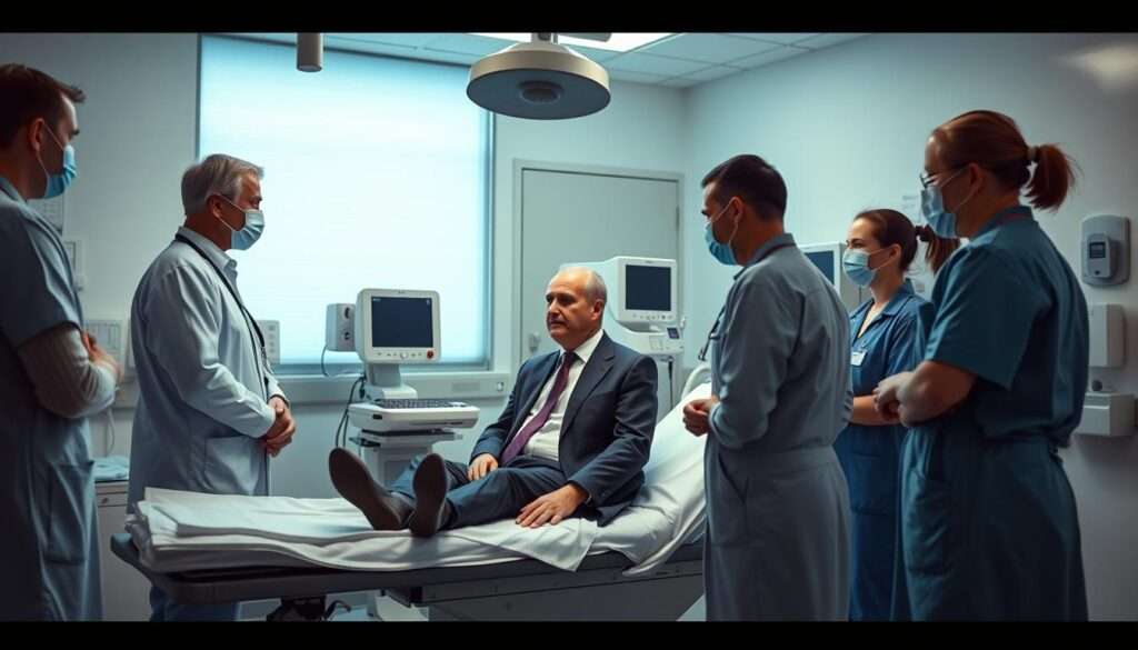 A clinical examination of a prominent Polish politician in a modern hospital setting. A well-lit examination room with advanced medical equipment. The politician sits calmly on an examination table, undergoing a thorough checkup by a team of attentive doctors and nurses. Muted colors, clean lines, and a sense of professionalism pervade the scene. The atmosphere is one of careful scrutiny and measured concern, hinting at the importance of the subject's health and its potential impact. The image conveys an air of seriousness and the gravity of the situation, without overt drama or sensationalism.