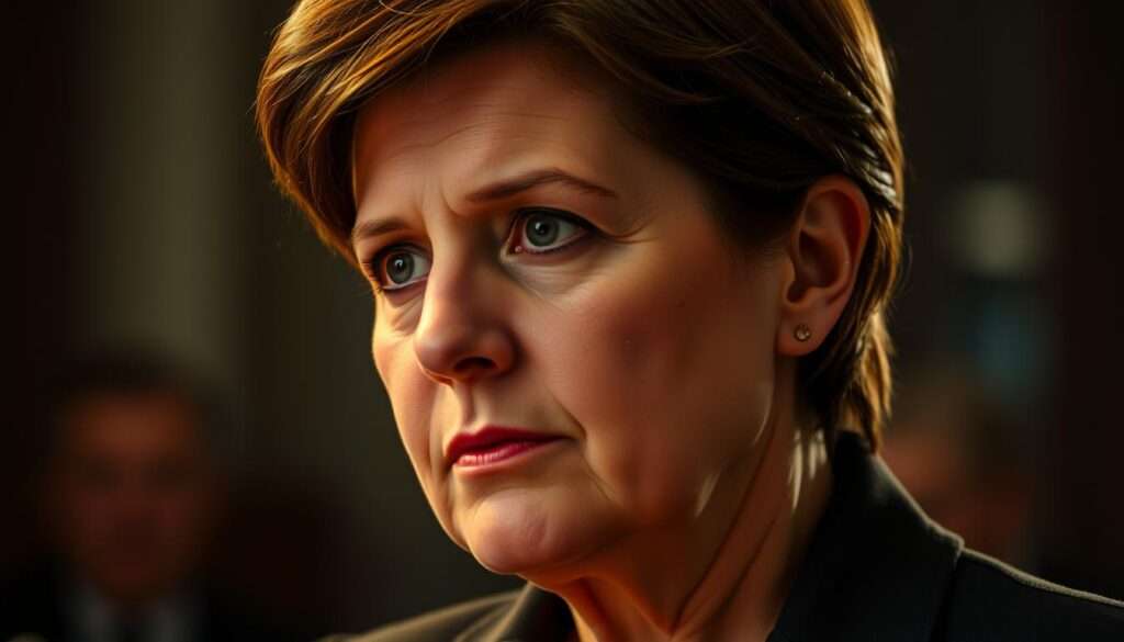 A close-up portrait of Beata Szydło, the former Prime Minister of Poland, in a contemplative pose with a serious expression. The lighting is warm and directional, highlighting the details of her face and creating a pensive, introspective atmosphere. The background is blurred, with hints of a political setting or office environment, alluding to the early stages of her political career. The image conveys a sense of determination, experience, and the weight of responsibility that comes with a prominent position in government. A close-up portrait of Beata Szydło, the former Prime Minister of Poland, in a contemplative pose with a serious expression. The lighting is warm and directional, highlighting the details of her face and creating a pensive, introspective atmosphere. The background is blurred, with hints of a political setting or office environment, alluding to the early stages of her political career. The image conveys a sense of determination, experience, and the weight of responsibility that comes with a prominent position in government.