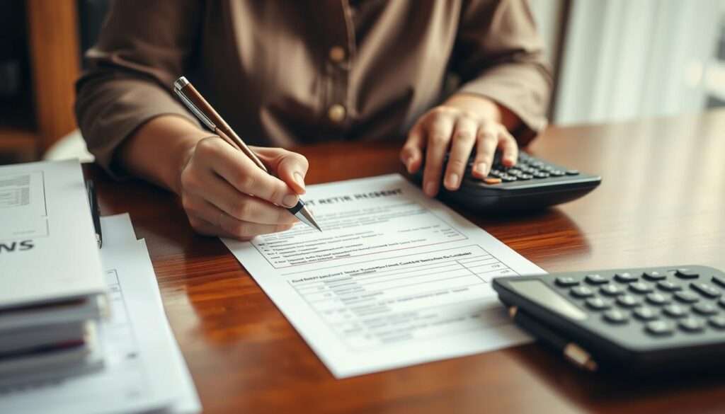 A close-up view of a woman's hands carefully filling out retirement contribution forms on a polished wooden desk. Warm, diffused lighting casts soft shadows, creating a contemplative atmosphere. The woman's face is not visible, focusing the viewer's attention on the task at hand. The desktop is clear, save for a pen, a calculator, and a stack of neatly organized documents. The scene conveys a sense of diligence and attention to detail as the woman navigates the complexities of the retirement system. A close-up view of a woman's hands carefully filling out retirement contribution forms on a polished wooden desk. Warm, diffused lighting casts soft shadows, creating a contemplative atmosphere. The woman's face is not visible, focusing the viewer's attention on the task at hand. The desktop is clear, save for a pen, a calculator, and a stack of neatly organized documents. The scene conveys a sense of diligence and attention to detail as the woman navigates the complexities of the retirement system.