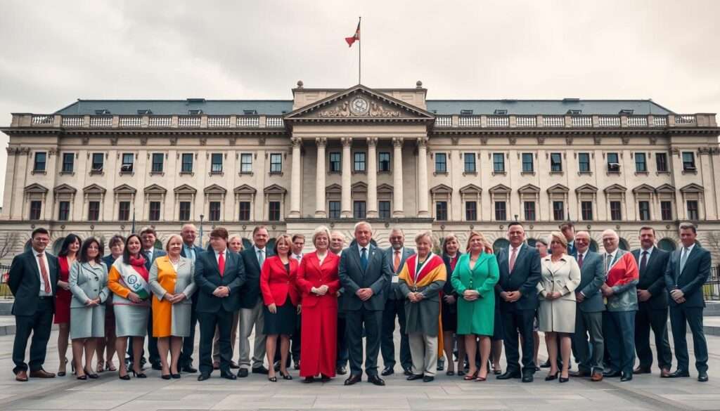 A coalition of political parties standing together, their emblems and colors blending harmoniously against a backdrop of a grand parliament building. The scene exudes a sense of unity, cooperation, and democratic decision-making, conveying the essence of what a political coalition represents. Soft, diffused lighting illuminates the scene, creating a serene and authoritative atmosphere. The composition emphasizes the collaborative nature of the coalition, with the parties' representatives positioned in a way that suggests a shared purpose and vision. A coalition of political parties standing together, their emblems and colors blending harmoniously against a backdrop of a grand parliament building. The scene exudes a sense of unity, cooperation, and democratic decision-making, conveying the essence of what a political coalition represents. Soft, diffused lighting illuminates the scene, creating a serene and authoritative atmosphere. The composition emphasizes the collaborative nature of the coalition, with the parties' representatives positioned in a way that suggests a shared purpose and vision.