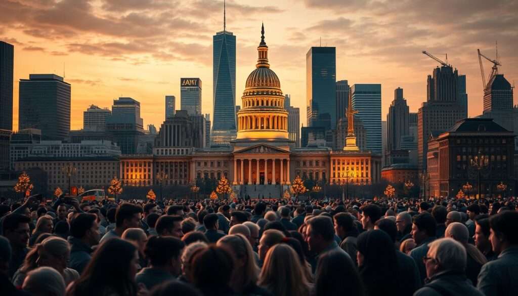 A contemporary cityscape illuminated by warm, ambient lighting, capturing the intricate interplay between political forces and their societal impact. In the foreground, a diverse crowd gathers, their expressions reflecting a range of emotions - from engaged dialogue to contemplative introspection. In the middle ground, a towering government building stands as a symbol of authority, its architectural design evoking both solidity and transparency. The background is a blend of modern skyscrapers and historic landmarks, representing the evolving nature of the political landscape and its enduring influence on the community. The overall composition conveys a sense of complex, nuanced relationships between the governing body and the citizens it serves. A contemporary cityscape illuminated by warm, ambient lighting, capturing the intricate interplay between political forces and their societal impact. In the foreground, a diverse crowd gathers, their expressions reflecting a range of emotions - from engaged dialogue to contemplative introspection. In the middle ground, a towering government building stands as a symbol of authority, its architectural design evoking both solidity and transparency. The background is a blend of modern skyscrapers and historic landmarks, representing the evolving nature of the political landscape and its enduring influence on the community. The overall composition conveys a sense of complex, nuanced relationships between the governing body and the citizens it serves.