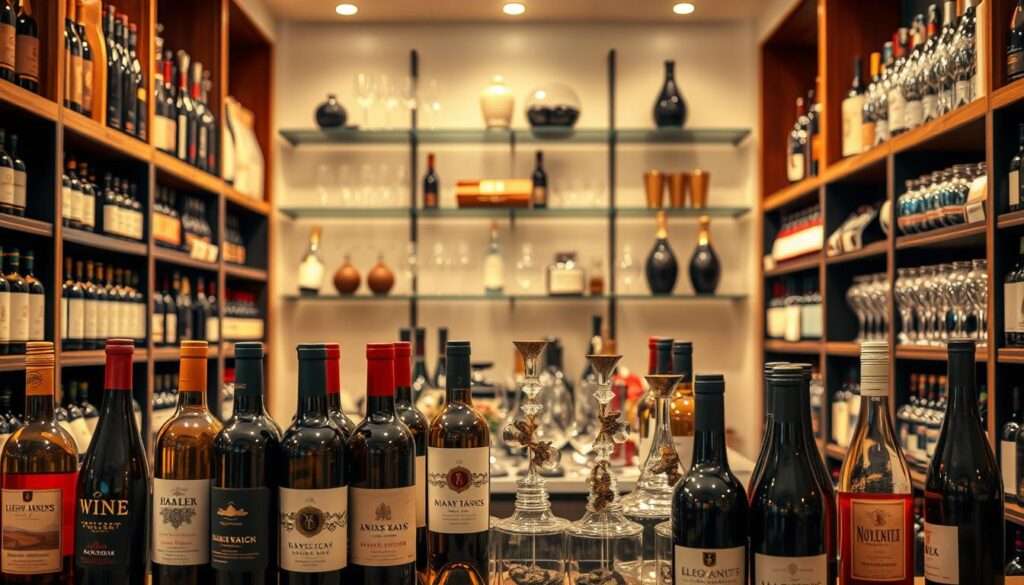 A cozy and well-stocked online wine shop, with a selection of premium wines and accessories displayed on neatly arranged shelves. The warm lighting casts a soft glow, creating an inviting atmosphere. In the foreground, a variety of wine bottles in various shapes and labels are prominently featured, tempting the viewer to explore the shop's offerings. The middle ground showcases elegant glassware, decanters, and other wine-related accessories, while the background subtly hints at a sophisticated, minimalist interior design. The overall scene conveys a sense of refined elegance and the convenience of online wine shopping. A cozy and well-stocked online wine shop, with a selection of premium wines and accessories displayed on neatly arranged shelves. The warm lighting casts a soft glow, creating an inviting atmosphere. In the foreground, a variety of wine bottles in various shapes and labels are prominently featured, tempting the viewer to explore the shop's offerings. The middle ground showcases elegant glassware, decanters, and other wine-related accessories, while the background subtly hints at a sophisticated, minimalist interior design. The overall scene conveys a sense of refined elegance and the convenience of online wine shopping.