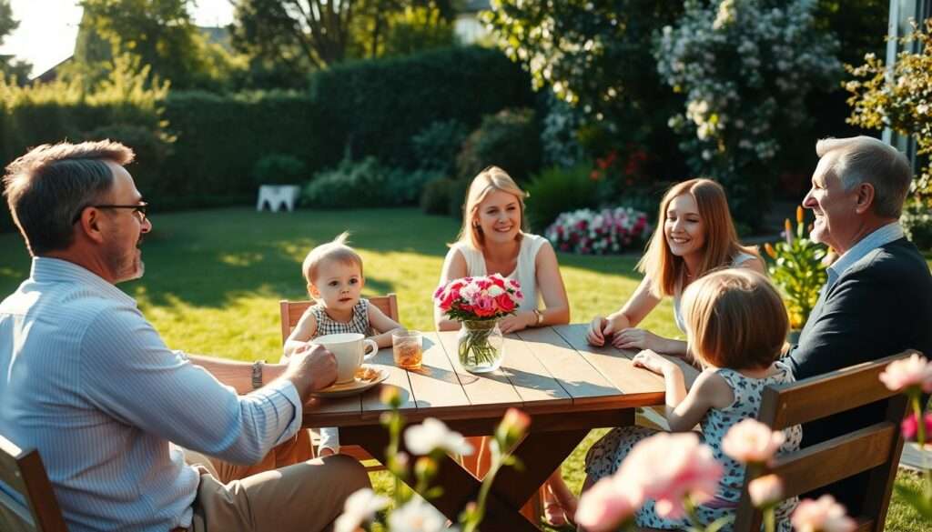 A cozy family gathering in the lush garden of Donald Tusk's Sopot residence. The sun casts a warm glow over the scene, illuminating the intimate moments shared between Tusk, his wife, and their children. They sit around a wooden table, engaged in conversation, their expressions serene and content. The well-manicured lawn and blooming flowers create a peaceful, idyllic backdrop, reflecting the tranquility of their everyday family life. A picturesque and domestic atmosphere pervades the image, conveying the positive impact Tusk's seaside home has on his personal and family time.