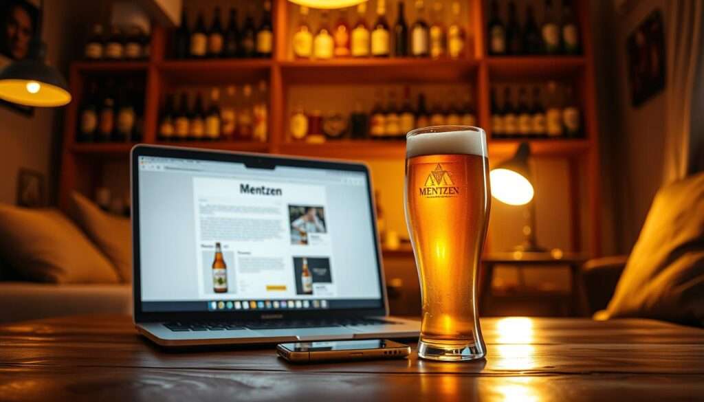 A cozy home interior, dimly lit with warm golden lighting, showcasing a laptop resting on a wooden table, its screen displaying an online beer ordering interface. In the foreground, a glass of amber-colored beer sits accompanied by a smartphone, creating a sense of modern convenience and seamless digital ordering. The background features shelves stocked with various beer bottles, hinting at the wide selection available for online purchase. The overall atmosphere evokes a relaxed, inviting ambiance, perfect for capturing the essence of ordering Mentzen beer online.