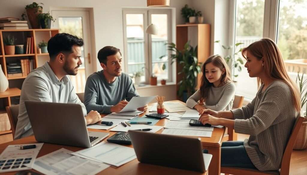 A cozy home interior with a family sitting around a table, discussing financial matters. The table is littered with documents, calculators, and a laptop, creating a sense of thoughtful financial planning. Soft, natural lighting filters in through large windows, casting a warm glow on the scene. The family members are engaged in conversation, their expressions reflecting the gravity of the topic. The background features bookshelves and potted plants, conveying a sense of stability and organization. The overall atmosphere is one of collaborative problem-solving, with a focus on the principles of family income determination. A cozy home interior with a family sitting around a table, discussing financial matters. The table is littered with documents, calculators, and a laptop, creating a sense of thoughtful financial planning. Soft, natural lighting filters in through large windows, casting a warm glow on the scene. The family members are engaged in conversation, their expressions reflecting the gravity of the topic. The background features bookshelves and potted plants, conveying a sense of stability and organization. The overall atmosphere is one of collaborative problem-solving, with a focus on the principles of family income determination.