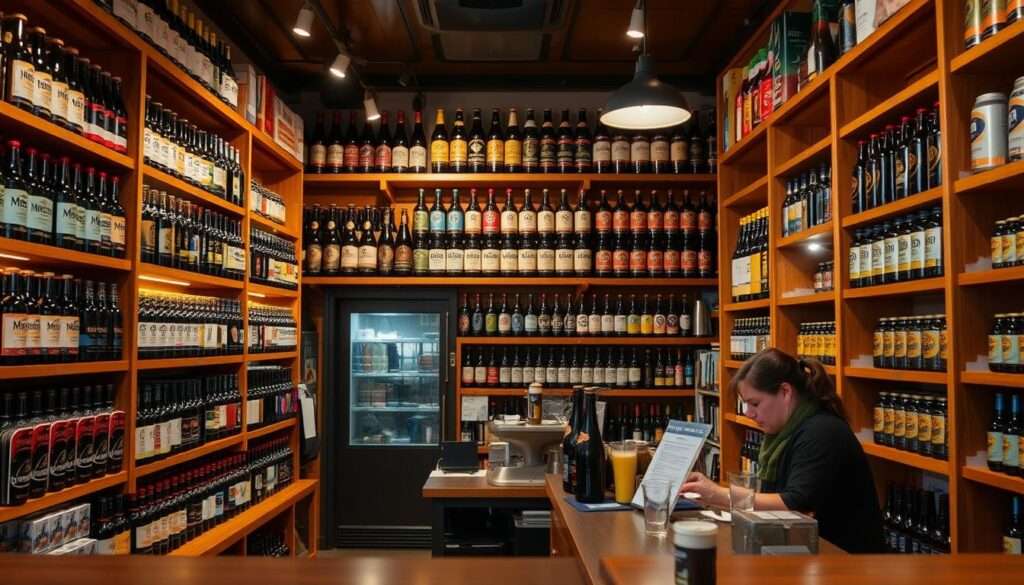 A cozy interior of a well-stocked local beer store, showcasing an extensive selection of bottled and canned craft beers. Wooden shelves line the walls, meticulously arranged with various beer brands, including Mentzen, in a warm, inviting atmosphere. Subtle lighting casts a soft glow, highlighting the vibrant labels and the attention to detail in the store's presentation. The counter in the foreground features a knowledgeable salesperson, ready to assist customers in finding the perfect beer for their needs. The overall scene conveys a sense of quality, expertise, and a passion for the craft of brewing, perfectly complementing the article's focus on the best places to purchase Mentzen beer.