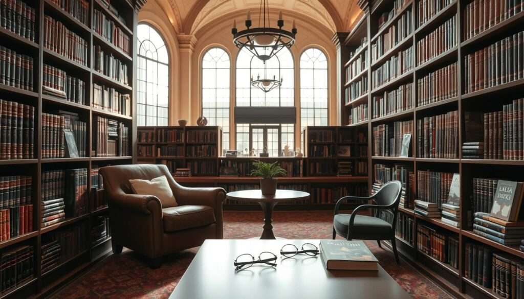 A cozy nook in a warm, inviting library, the shelves filled with Laila Shukri's captivating books. Soft, natural lighting bathes the scene, casting a gentle glow on the leather-bound volumes. In the foreground, a well-worn armchair invites the reader to curl up and delve into Laila's vivid storytelling. The middle ground reveals a sleek, minimalist table, adorned with a single potted plant and a pair of reading glasses, hinting at the intellectual pursuits within. The background showcases the library's elegant architecture, with high ceilings and large windows that offer a glimpse of the outside world, creating a sense of tranquility and inspiration. This image captures the essence of Laila Shukri's literary works and the cozy, contemplative space they inhabit. A cozy nook in a warm, inviting library, the shelves filled with Laila Shukri's captivating books. Soft, natural lighting bathes the scene, casting a gentle glow on the leather-bound volumes. In the foreground, a well-worn armchair invites the reader to curl up and delve into Laila's vivid storytelling. The middle ground reveals a sleek, minimalist table, adorned with a single potted plant and a pair of reading glasses, hinting at the intellectual pursuits within. The background showcases the library's elegant architecture, with high ceilings and large windows that offer a glimpse of the outside world, creating a sense of tranquility and inspiration. This image captures the essence of Laila Shukri's literary works and the cozy, contemplative space they inhabit.