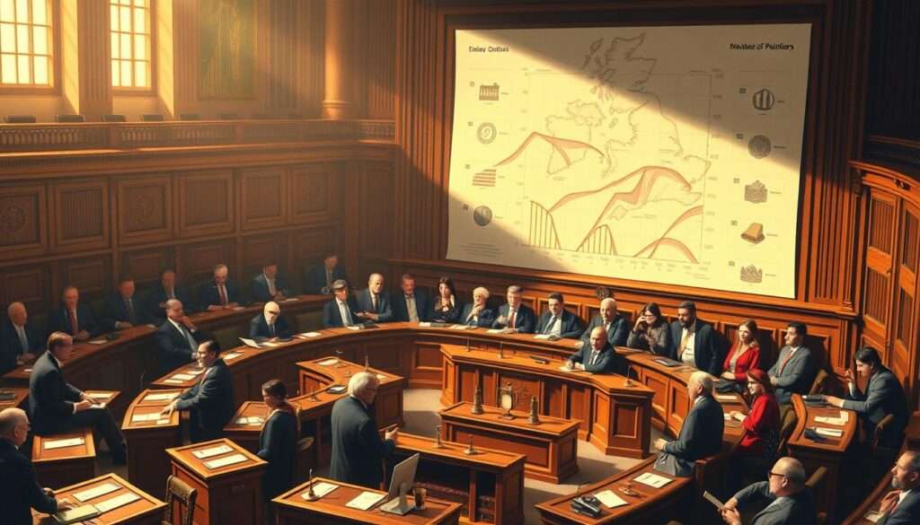 A detailed analytical illustration showcasing the diverse origins of members of parliament. In the foreground, a meticulously rendered parliamentary chamber with individual desks arranged in a semicircle, bathed in warm, directional lighting that casts subtle shadows. In the midground, a series of detailed character portraits, each with distinctive facial features, attire, and body language, representing the varied ethnic and cultural backgrounds of the lawmakers. In the background, a subtly blurred map or diagram visualizing the geographical distribution and demographic data related to the parliamentary constituency. The overall composition conveys a sense of impartiality and factual inquiry, inviting the viewer to contemplate the nuances of political representation. A detailed analytical illustration showcasing the diverse origins of members of parliament. In the foreground, a meticulously rendered parliamentary chamber with individual desks arranged in a semicircle, bathed in warm, directional lighting that casts subtle shadows. In the midground, a series of detailed character portraits, each with distinctive facial features, attire, and body language, representing the varied ethnic and cultural backgrounds of the lawmakers. In the background, a subtly blurred map or diagram visualizing the geographical distribution and demographic data related to the parliamentary constituency. The overall composition conveys a sense of impartiality and factual inquiry, inviting the viewer to contemplate the nuances of political representation.