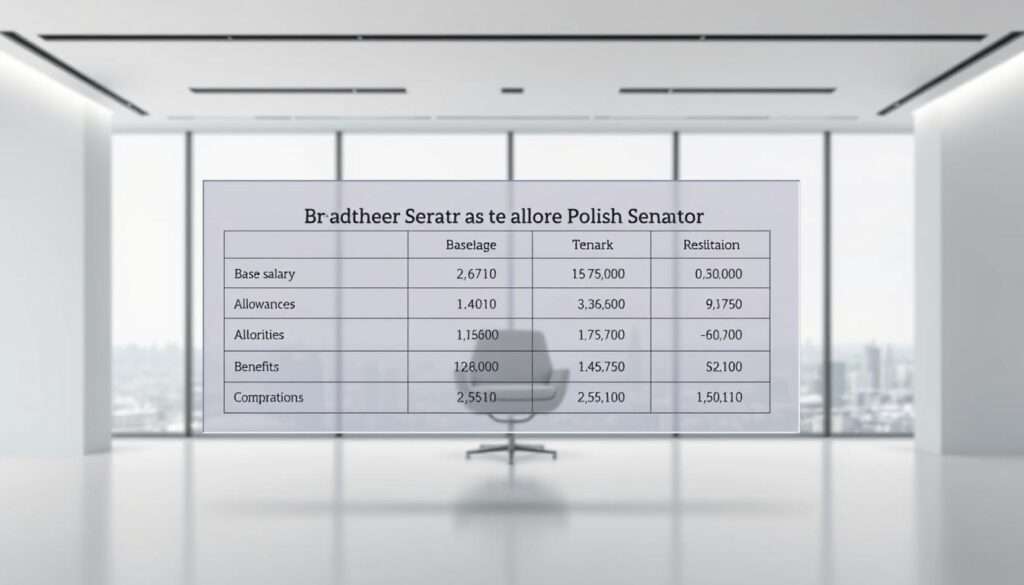 A detailed breakdown of the salary components of a Polish senator, presented in a clean, professional manner. The foreground depicts a transparent floating table displaying the key elements of a senator's compensation package, including base salary, allowances, and benefits. The middle ground features a sleek, minimalist office setting with a large window overlooking the city skyline, creating a sense of authority and importance. The background is a soft, muted gradient, allowing the central elements to take the spotlight. The overall mood is one of analytical clarity, emphasizing the transparency and accountability expected of public officials. The composition and lighting convey a sense of precision, balance, and attention to detail.