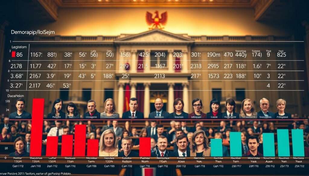 A detailed demographic breakdown of the Polish Sejm, the lower house of the Polish parliament. In the foreground, a visually striking data visualization depicting the diverse backgrounds, ages, and gender representation of the legislative body. The middle ground features individual portraits of select members, each conveying a unique personality and role. The background incorporates symbolic architectural elements of the Sejm building, creating a sense of institutional context. The lighting is soft and warm, evoking an atmosphere of thoughtful analysis. The camera angle is slightly elevated, providing an objective, impartial perspective on this important civic institution. A detailed demographic breakdown of the Polish Sejm, the lower house of the Polish parliament. In the foreground, a visually striking data visualization depicting the diverse backgrounds, ages, and gender representation of the legislative body. The middle ground features individual portraits of select members, each conveying a unique personality and role. The background incorporates symbolic architectural elements of the Sejm building, creating a sense of institutional context. The lighting is soft and warm, evoking an atmosphere of thoughtful analysis. The camera angle is slightly elevated, providing an objective, impartial perspective on this important civic institution.