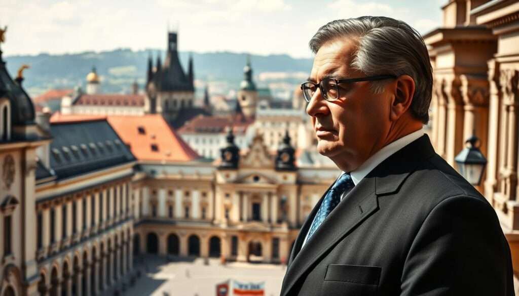 A detailed, expansive portrait of the Czech presidential role and authority, set against a backdrop of the nation's architectural and cultural heritage. The president stands in the foreground, exuding a sense of poise and gravitas, clad in formal attire that conveys the weight of their position. The middle ground depicts the ornate, historic halls of government, hinting at the executive's domain and decision-making power. In the distance, iconic landmarks of Prague lend a sense of national identity and tradition, framing the president's role as the embodiment of the Czech people's will and aspirations. Crisp, natural lighting illuminates the scene, casting a warm, authoritative glow. The overall composition suggests the president's central role in upholding the nation's democratic ideals and guiding its future.