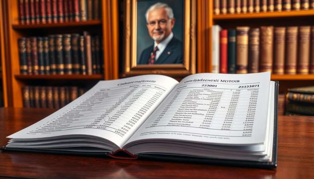 A detailed financial statement, or "oświadczenie majątkowe," lies open on a mahogany desk. The document's crisp pages showcase precise figures and meticulous accounting, illuminated by warm, directional lighting that casts subtle shadows. In the background, a bookshelf filled with financial tomes and a framed portrait of a distinguished-looking man, presumably the owner of this impressive financial profile, create a sense of authority and credibility. The overall composition conveys a professional, serious, and well-organized atmosphere, befitting the subject matter of this important financial document. A detailed financial statement, or "oświadczenie majątkowe," lies open on a mahogany desk. The document's crisp pages showcase precise figures and meticulous accounting, illuminated by warm, directional lighting that casts subtle shadows. In the background, a bookshelf filled with financial tomes and a framed portrait of a distinguished-looking man, presumably the owner of this impressive financial profile, create a sense of authority and credibility. The overall composition conveys a professional, serious, and well-organized atmosphere, befitting the subject matter of this important financial document.