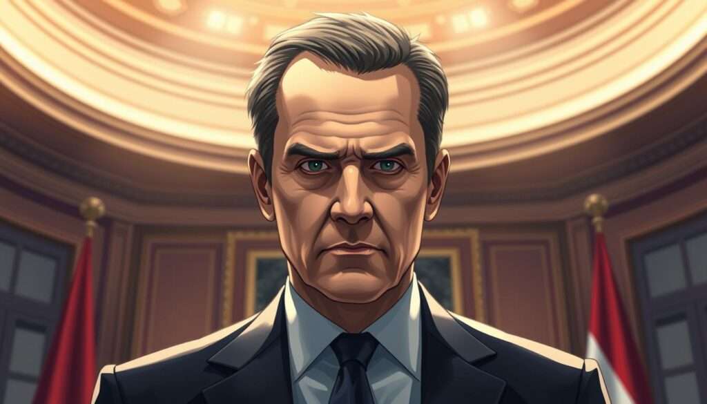 A detailed, high-resolution digital illustration depicting Donald Tusk, the former Prime Minister of Poland, standing in a formal setting, possibly a government building or office, with an expression of seriousness and determination on his face. The background should feature elements that evoke the constitutional powers and responsibilities of the office, such as architectural features, flags, or symbolic imagery. The lighting should be dramatic, with a strong contrast between light and shadow, creating an air of gravity and importance. The overall composition should convey a sense of authority, leadership, and the weight of the office Tusk once held. A detailed, high-resolution digital illustration depicting Donald Tusk, the former Prime Minister of Poland, standing in a formal setting, possibly a government building or office, with an expression of seriousness and determination on his face. The background should feature elements that evoke the constitutional powers and responsibilities of the office, such as architectural features, flags, or symbolic imagery. The lighting should be dramatic, with a strong contrast between light and shadow, creating an air of gravity and importance. The overall composition should convey a sense of authority, leadership, and the weight of the office Tusk once held.