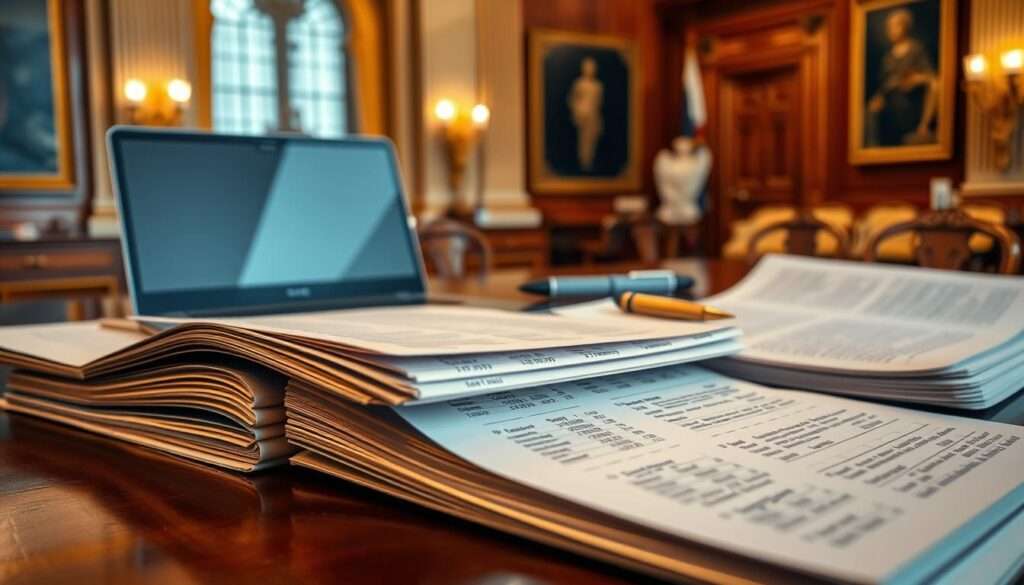 A detailed, meticulously organized financial report on a polished wooden desk, illuminated by warm, directional lighting. In the foreground, a carefully arranged stack of documents and ledgers, their pages open to reveal precisely recorded numbers and figures. In the middle ground, a sleek, modern laptop and a set of high-end pens, conveying a sense of professionalism and attention to detail. The background blurred, but hinting at the grandeur of a stately government office, with ornate architectural elements and a sense of authority. The overall mood is one of authority, precision, and careful financial stewardship.