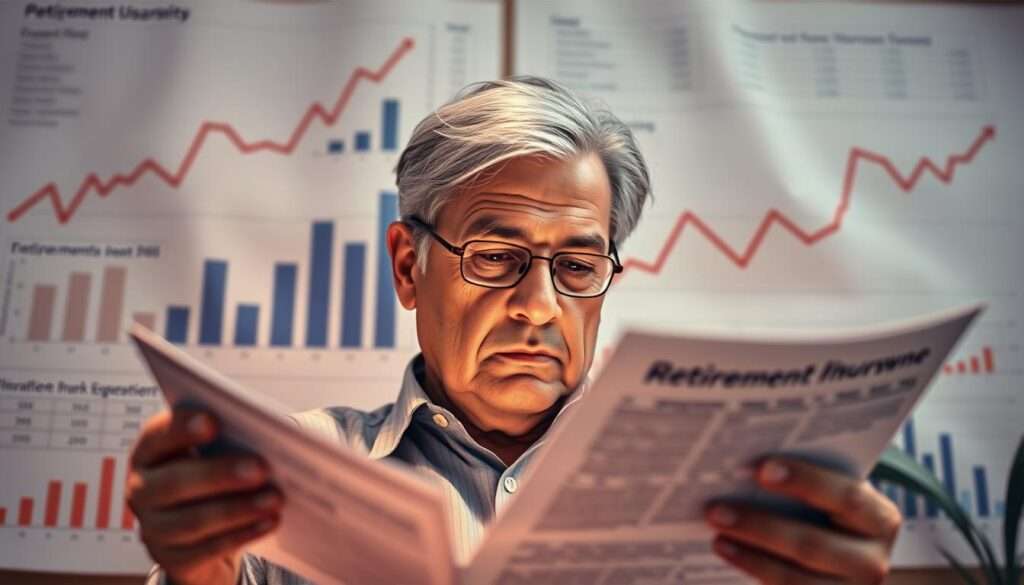 A detailed pension insurance illustration featuring a middle-aged person reviewing retirement plan documents against a backdrop of financial charts and graphs. Soft, warm lighting illuminates the focal subject, while a slightly blurred, muted color palette establishes a sense of contemplative solemnity. The composition emphasizes the importance and impact of pension contributions, with the foreground subject's expression conveying a thoughtful, introspective mood about their retirement security. A detailed pension insurance illustration featuring a middle-aged person reviewing retirement plan documents against a backdrop of financial charts and graphs. Soft, warm lighting illuminates the focal subject, while a slightly blurred, muted color palette establishes a sense of contemplative solemnity. The composition emphasizes the importance and impact of pension contributions, with the foreground subject's expression conveying a thoughtful, introspective mood about their retirement security.