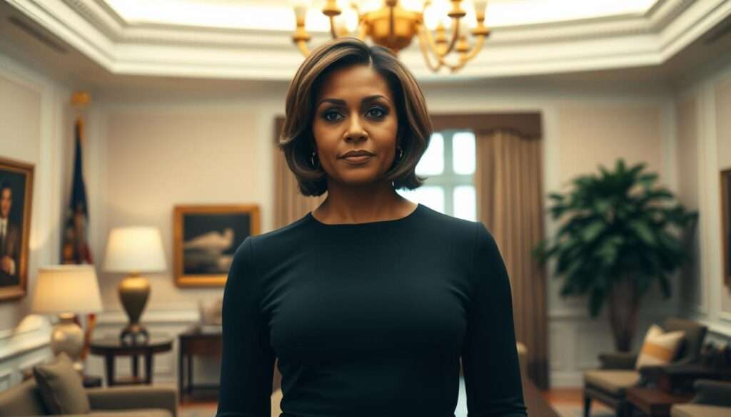 A detailed photorealistic image of the First Lady of the United States, standing in a well-lit, professional office setting. The subject is positioned in the center, facing the camera with a neutral, thoughtful expression. The background features tasteful decor and furnishings, suggesting a high-end, executive workspace. The lighting is soft and flattering, creating a sense of prestige and authority. The composition emphasizes the subject's role and status, with a slight low-angle perspective to convey a sense of importance. The overall mood is one of professionalism, competence, and confidence, reflecting the First Lady's position and influence. A detailed photorealistic image of the First Lady of the United States, standing in a well-lit, professional office setting. The subject is positioned in the center, facing the camera with a neutral, thoughtful expression. The background features tasteful decor and furnishings, suggesting a high-end, executive workspace. The lighting is soft and flattering, creating a sense of prestige and authority. The composition emphasizes the subject's role and status, with a slight low-angle perspective to convey a sense of importance. The overall mood is one of professionalism, competence, and confidence, reflecting the First Lady's position and influence.