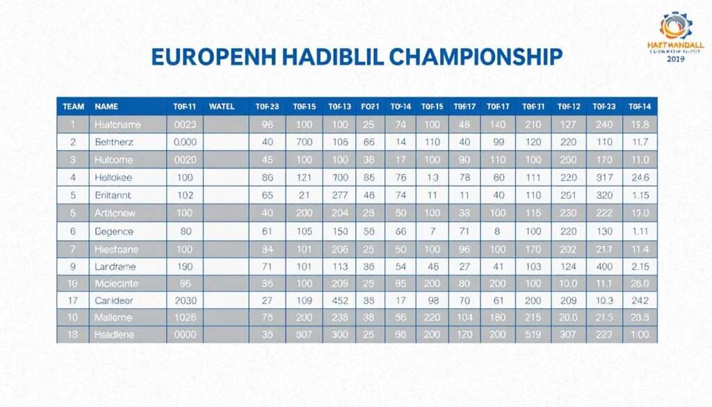 A detailed tabular schedule of the European Handball Championship, with a clean, minimalist layout. The table is presented against a subtly textured, neutral-toned background, allowing the information to take center stage. The rows and columns are neatly organized, with crisp lines and clear labels indicating team names, match dates, and results. The overall aesthetic is professional and easy to read, perfectly suited to accompany an article analyzing the tournament's progression and standings. A detailed tabular schedule of the European Handball Championship, with a clean, minimalist layout. The table is presented against a subtly textured, neutral-toned background, allowing the information to take center stage. The rows and columns are neatly organized, with crisp lines and clear labels indicating team names, match dates, and results. The overall aesthetic is professional and easy to read, perfectly suited to accompany an article analyzing the tournament's progression and standings.
