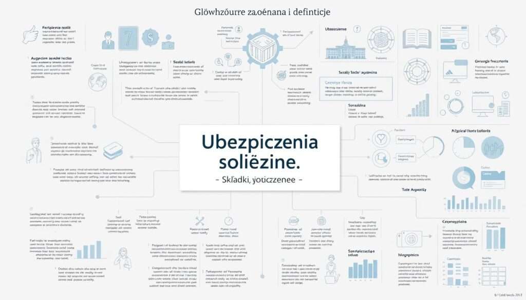 A detailed, technical diagram depicting the key definitions and concepts of the Polish social insurance system. The foreground shows a central panel with clean, minimalist typography outlining the core terms - "Ubezpieczenia społeczne", "Składki", "Świadczenia" - against a neutral gray background. The middle ground features stylized iconography and data visualizations explaining the relationships between these core elements, rendered in a muted color palette of blues and grays. The background showcases technical schematics, charts, and infographic elements that provide deeper contextual information, all with a sense of balance, order, and professionalism. The overall mood is one of clarity, precision, and educational authority, suitable for illustrating the "Główne założenia i definicje" section of the article. A detailed, technical diagram depicting the key definitions and concepts of the Polish social insurance system. The foreground shows a central panel with clean, minimalist typography outlining the core terms - "Ubezpieczenia społeczne", "Składki", "Świadczenia" - against a neutral gray background. The middle ground features stylized iconography and data visualizations explaining the relationships between these core elements, rendered in a muted color palette of blues and grays. The background showcases technical schematics, charts, and infographic elements that provide deeper contextual information, all with a sense of balance, order, and professionalism. The overall mood is one of clarity, precision, and educational authority, suitable for illustrating the "Główne założenia i definicje" section of the article.