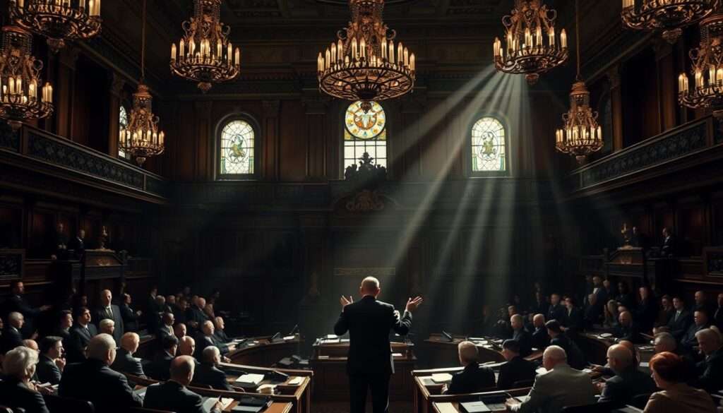 A dimly lit chamber, the grand halls of the Polish Sejm, where lawmakers gather to debate the nation's budget. In the center, a tense standoff as the President addresses the assembly, gesturing towards a pile of documents, the fate of the budget hanging in the balance. Shadows cast by ornate chandeliers create a somber, charged atmosphere, as the faces of the representatives reflect the gravity of the situation. Rays of light filter through stained glass windows, illuminating the scene with an air of uncertainty and high political drama. This is the moment when the President's power to dissolve the Sejm looms, a constitutional showdown over the failure to pass the crucial fiscal plan.