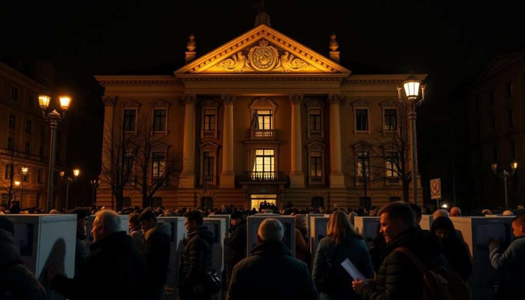 A dimly lit city hall, the facade adorned with ornate architectural details, stands as the backdrop for a crowd gathered in the square. Illuminated by warm streetlights, the scene captures the energy and anticipation of a local election. Voters, their faces etched with thoughtfulness, congregate around polling stations, casting their ballots. The mood is one of civic engagement and democratic process, with a sense of historical significance reflected in the stately building and the engaged citizenry. The lighting casts dramatic shadows, heightening the sense of gravity and importance of the moment. The composition balances the grandeur of the setting with the human scale of the individuals, creating a visually compelling image that reflects the contextual details of the local election in Szczecin.
