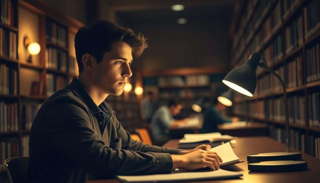 A dimly lit college library interior, with rows of bookshelves lining the walls. In the foreground, a young man, Adrian Zandberg, is seated at a desk, intensely focused on his studies, papers and books spread out before him. Soft, warm lighting from a desk lamp illuminates his face, casting gentle shadows. The background is slightly blurred, with glimpses of other students working at their own desks, creating a sense of a studious, academic environment. The composition emphasizes Zandberg's dedication and determination, setting the scene for the early years of his educational journey and the beginnings of his political career.