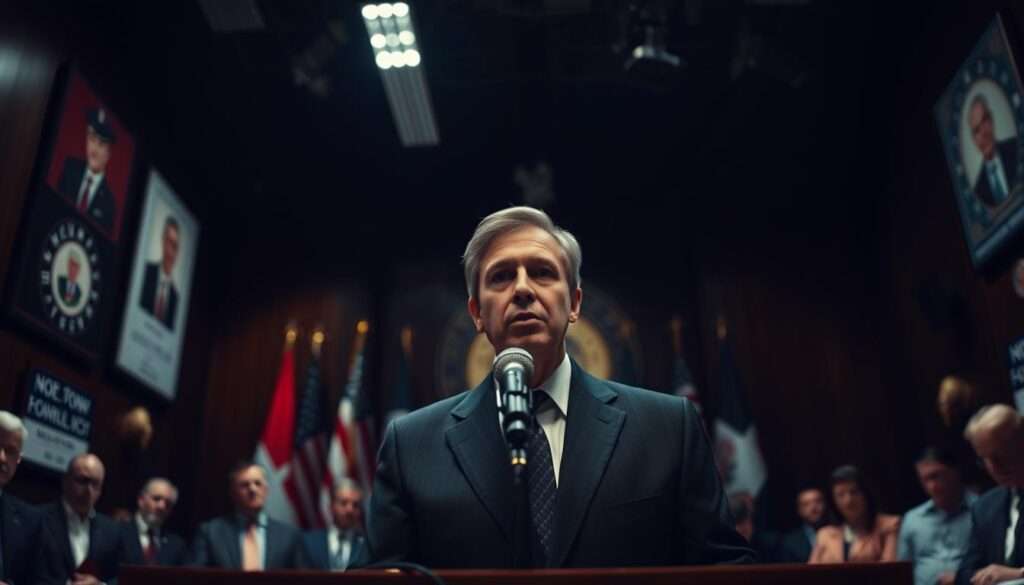 A dimly lit conference room, the walls adorned with political paraphernalia. At the center, a figure stands before a microphone, his mouth slightly open, conveying a sense of limited linguistic fluency. The background is blurred, emphasizing the subject's isolated position, symbolizing the constraints of language in the political realm. The lighting is harsh, casting deep shadows, creating a somber and serious atmosphere. The camera angle is slightly below eye level, giving the impression of a power dynamic and the challenges faced by those with language barriers in high-stakes political settings. A dimly lit conference room, the walls adorned with political paraphernalia. At the center, a figure stands before a microphone, his mouth slightly open, conveying a sense of limited linguistic fluency. The background is blurred, emphasizing the subject's isolated position, symbolizing the constraints of language in the political realm. The lighting is harsh, casting deep shadows, creating a somber and serious atmosphere. The camera angle is slightly below eye level, giving the impression of a power dynamic and the challenges faced by those with language barriers in high-stakes political settings.