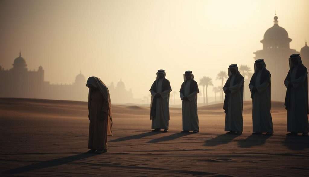 A dimly lit desert scene in the United Arab Emirates, where a lone woman in traditional Emirati dress stands in the foreground, her head bowed in submission. In the middle ground, a group of men in long robes and headdresses stand imposingly, their body language and facial expressions conveying a sense of dominance and control. The background fades into the hazy horizon, dotted with the silhouettes of ornate buildings and palm trees. The overall atmosphere is one of oppression and gender inequality, highlighting the social challenges and controversies within the world of the Emirati elite. A dimly lit desert scene in the United Arab Emirates, where a lone woman in traditional Emirati dress stands in the foreground, her head bowed in submission. In the middle ground, a group of men in long robes and headdresses stand imposingly, their body language and facial expressions conveying a sense of dominance and control. The background fades into the hazy horizon, dotted with the silhouettes of ornate buildings and palm trees. The overall atmosphere is one of oppression and gender inequality, highlighting the social challenges and controversies within the world of the Emirati elite.