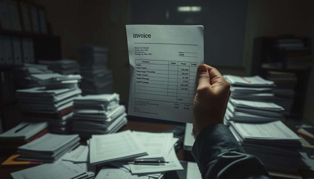 A dimly lit office interior, with stacks of invoices and ledgers scattered across a cluttered desk. A pair of frustrated hands holding up a single invoice, highlighting erroneous entries in the buyer's information. The lighting casts dramatic shadows, emphasizing the sense of exasperation and the need for accuracy in financial record-keeping. The background is hazy, drawing the viewer's focus to the central issue of data errors on invoices. A dimly lit office interior, with stacks of invoices and ledgers scattered across a cluttered desk. A pair of frustrated hands holding up a single invoice, highlighting erroneous entries in the buyer's information. The lighting casts dramatic shadows, emphasizing the sense of exasperation and the need for accuracy in financial record-keeping. The background is hazy, drawing the viewer's focus to the central issue of data errors on invoices.