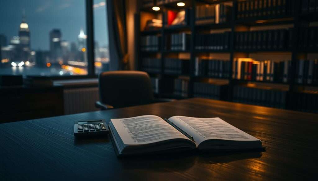 A dimly lit office setting, with a large wooden desk in the foreground. On the desk, an open ledger and a calculator sit neatly arranged, casting subtle shadows. The background features a bookshelf filled with accounting textbooks and a window overlooking a cityscape, the soft glow of streetlights creating a warm, contemplative atmosphere. The overall scene conveys the importance and precision of accounting principles, with a sense of professionalism and attention to detail.