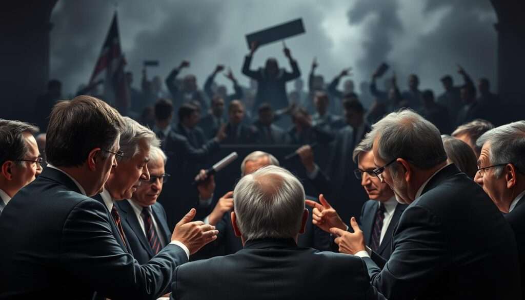 A dramatic tableau of political discord and tension within a right-wing coalition government. In the foreground, party leaders engage in heated debate, expressions tense and gestures animated, as they navigate the complexities of maintaining a united front. The middle ground depicts a chaotic scene, with factions breaking away, loyalties shifting, and infighting simmering. In the background, a gloomy, shadowy atmosphere conveys the gravity of the situation, the future uncertain. Dramatic lighting casts dramatic shadows, emphasizing the weight of the decisions at hand. An atmosphere of political turmoil and internal strife permeates the frame, reflecting the challenges of the "Zjednoczona Prawica" coalition.