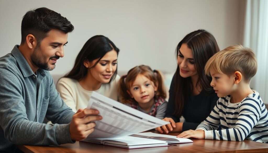 A family sitting around a table, discussing their household income. The father gestures to a spreadsheet, the mother nods thoughtfully, and the children listen intently. Soft, diffused lighting illuminates their faces, conveying a sense of earnest discussion. The background is blurred, focusing the viewer's attention on the family's interaction. The scene evokes a sense of collaboration and financial responsibility within the domestic setting. A family sitting around a table, discussing their household income. The father gestures to a spreadsheet, the mother nods thoughtfully, and the children listen intently. Soft, diffused lighting illuminates their faces, conveying a sense of earnest discussion. The background is blurred, focusing the viewer's attention on the family's interaction. The scene evokes a sense of collaboration and financial responsibility within the domestic setting.