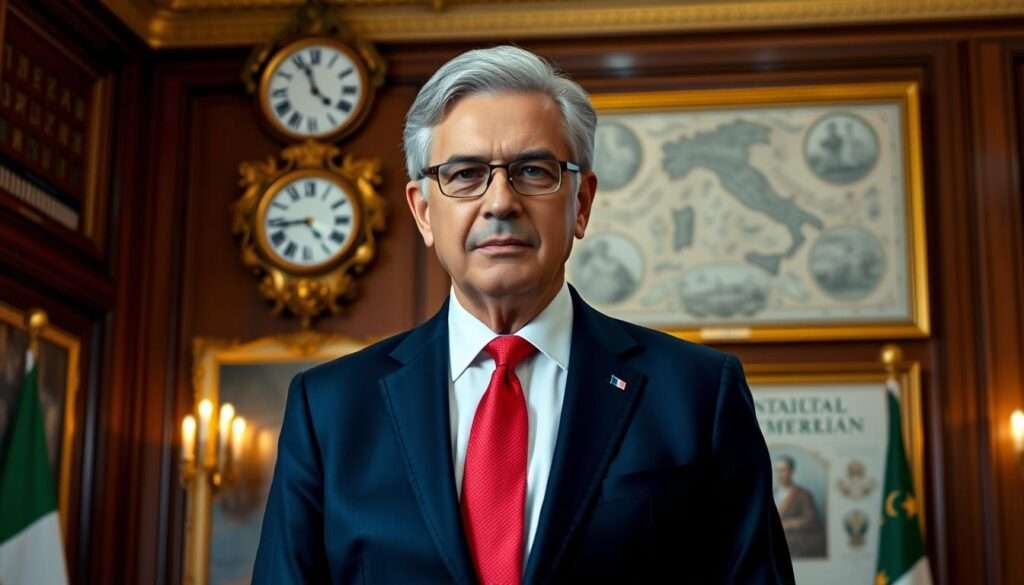 A formal, dignified portrait of the President of Italy, Sergio Mattarella, standing in an ornate, well-lit government office. He is wearing a crisp, navy blue suit and a red tie, exuding an air of authority and statesmanship. The background features elegant wooden paneling, a gilded clock, and a large, detailed map of Italy, conveying the gravitas of his position. The lighting is soft and dramatic, casting subtle shadows that accentuate Mattarella's features and emphasize his poise and composure. The overall atmosphere is one of power, leadership, and the importance of the Italian presidency. A formal, dignified portrait of the President of Italy, Sergio Mattarella, standing in an ornate, well-lit government office. He is wearing a crisp, navy blue suit and a red tie, exuding an air of authority and statesmanship. The background features elegant wooden paneling, a gilded clock, and a large, detailed map of Italy, conveying the gravitas of his position. The lighting is soft and dramatic, casting subtle shadows that accentuate Mattarella's features and emphasize his poise and composure. The overall atmosphere is one of power, leadership, and the importance of the Italian presidency.