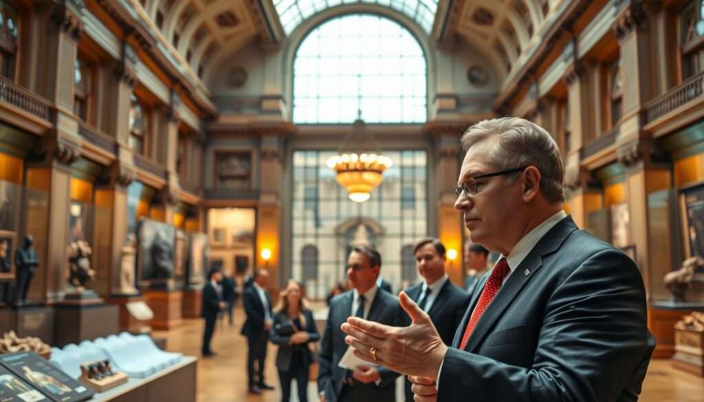 A government institution managing the arts and culture, with grand classical architecture, ornate details, and a sense of formality. In the foreground, a well-dressed, professional administrator gestures while discussing policies with a group of curators and staff. Warm, directional lighting from large windows illuminates the scene, conveying a sense of authority and importance. The background features displays of artwork, sculptures, and cultural artifacts, suggesting the breadth of the institution's responsibilities. The overall atmosphere is one of efficient, well-organized cultural management. A government institution managing the arts and culture, with grand classical architecture, ornate details, and a sense of formality. In the foreground, a well-dressed, professional administrator gestures while discussing policies with a group of curators and staff. Warm, directional lighting from large windows illuminates the scene, conveying a sense of authority and importance. The background features displays of artwork, sculptures, and cultural artifacts, suggesting the breadth of the institution's responsibilities. The overall atmosphere is one of efficient, well-organized cultural management.