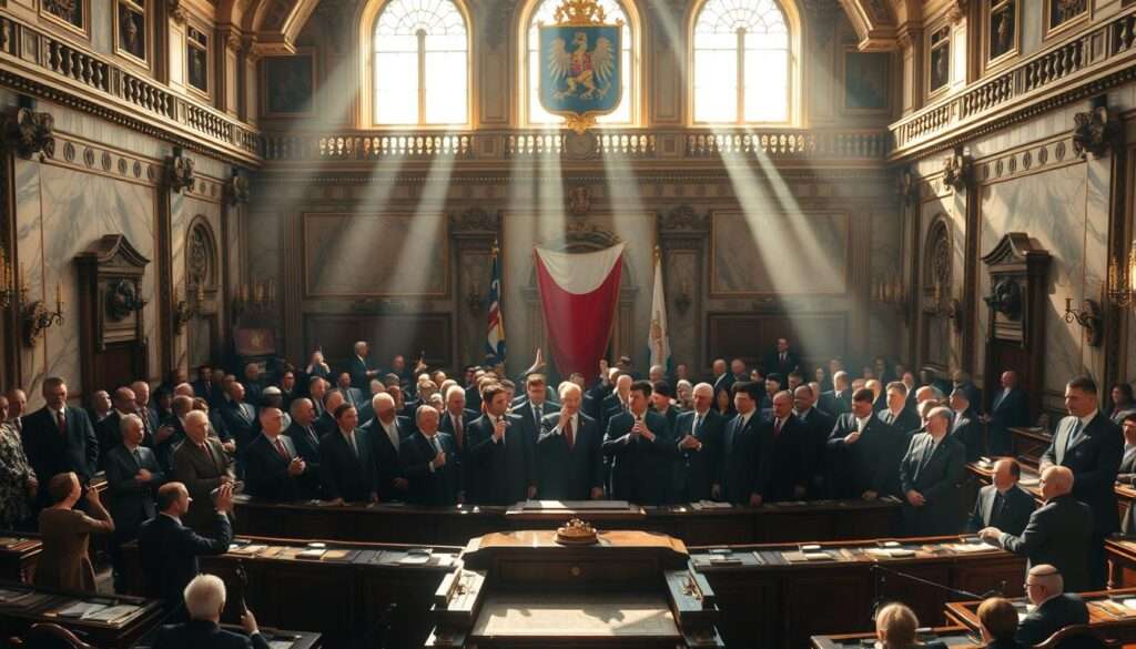 A grand assembly hall, the chamber of the Polish Sejm, filled with the intensity of a historic moment. In the center, a group of determined legislators stand united, announcing the self-dissolution of the parliament - "samorozwiązanie sejmu". Sunlight streams through the ornate windows, casting a solemn, dramatic light upon the scene. The faces of the deputies are resolute, their gestures conveying the gravity of their decision. The ornate, marble-clad chamber serves as a stately backdrop, underscoring the significance of this political turning point. A sense of anticipation and unfolding change permeates the air, as this pivotal moment unfolds before the nation.