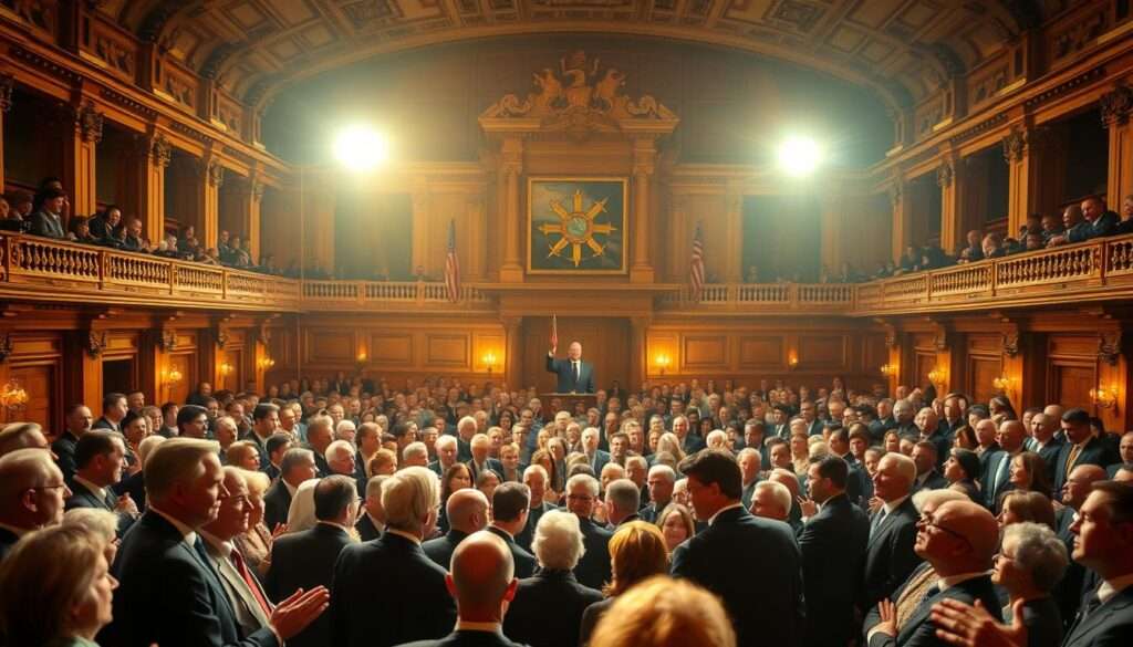 A grand coalition of right-wing parties gathers in a majestic parliamentary hall, illuminated by warm, natural lighting that casts a soft glow over the proceedings. In the foreground, the party leaders stand confidently, engaging in animated discussions, their expressions serious yet determined. The middle ground is occupied by a sea of supporters, their faces alight with enthusiasm and a shared sense of purpose. In the background, the ornate architectural details of the chamber lend an air of gravitas and tradition to the scene, suggesting the weight and significance of the political alliance being forged.