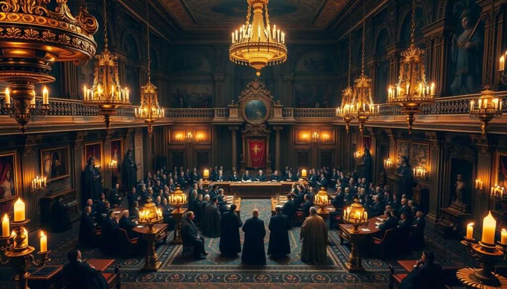 A grand hall filled with ornate, baroque-style furnishings, illuminated by warm candlelight. In the center, a long table surrounded by robed figures engaged in lively debate, representing the Sejm Konwokacyjny, the parliament convened to determine the succession of the Polish throne. The foreground features intricate details of the ornamental decor - gilded chandeliers, tapestries, and ornate floor tiles. In the middle ground, the assembled delegates gesticulate and converse passionately, while the background showcases the grandeur of the chamber, with high ceilings and elegant architectural elements. The overall atmosphere evokes a sense of historical significance and political gravity. A grand hall filled with ornate, baroque-style furnishings, illuminated by warm candlelight. In the center, a long table surrounded by robed figures engaged in lively debate, representing the Sejm Konwokacyjny, the parliament convened to determine the succession of the Polish throne. The foreground features intricate details of the ornamental decor - gilded chandeliers, tapestries, and ornate floor tiles. In the middle ground, the assembled delegates gesticulate and converse passionately, while the background showcases the grandeur of the chamber, with high ceilings and elegant architectural elements. The overall atmosphere evokes a sense of historical significance and political gravity.