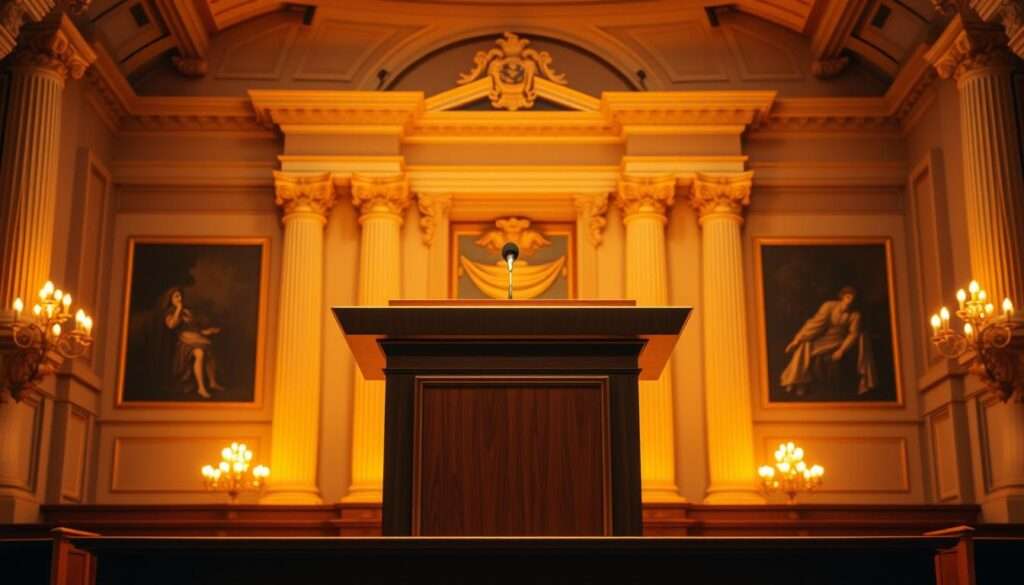 A grand, majestic podium stands at the center of the frame, illuminated by warm, golden lighting that casts a regal glow. The podium's surface is sleek and polished, conveying a sense of authority and prestige. In the background, a backdrop of ornate, classical architecture creates a stately, official atmosphere. The composition is balanced and symmetrical, emphasizing the importance and permanence of the office represented by the podium. The overall mood is one of solemn dignity, befitting the role and responsibilities of the highest elected official.
