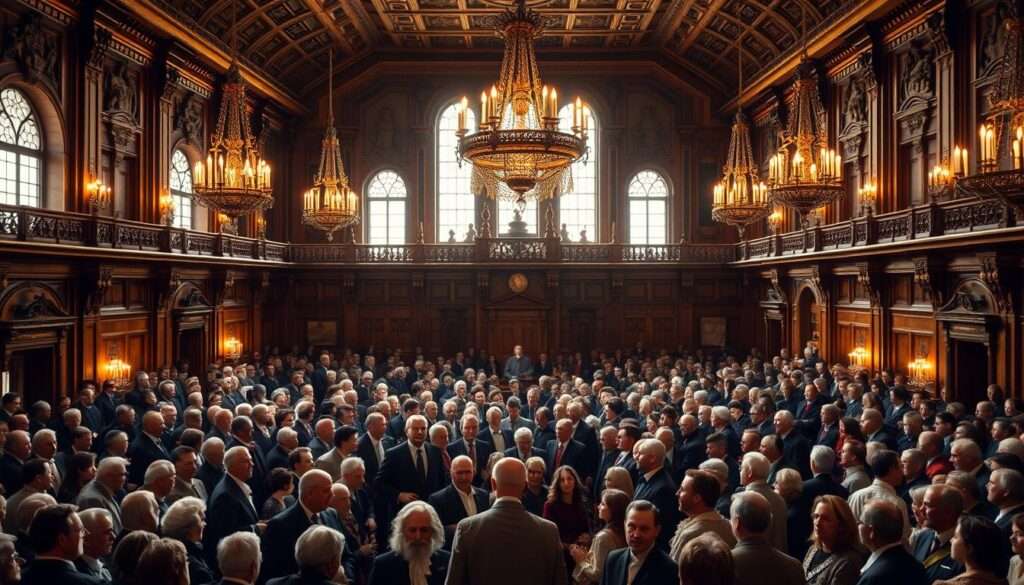 A grand, ornate hall filled with a bustling assembly of statesmen and nobles, the Convocation Sejm (Sejm Konwokacyjny) in session. Ornate wooden paneling and intricate chandeliers cast a warm glow upon the gathered delegates, engaged in animated discussion. In the foreground, a group of influential figures stand at the center, their robes and accessories denoting their status. The middle ground is a sea of faces, some thoughtful, others impassioned, as they debate the future course of the Polish-Lithuanian Commonwealth. In the background, large windows allow natural light to filter in, illuminating the grand, historic architecture. An atmosphere of weighty deliberation and political consequence permeates the scene. A grand, ornate hall filled with a bustling assembly of statesmen and nobles, the Convocation Sejm (Sejm Konwokacyjny) in session. Ornate wooden paneling and intricate chandeliers cast a warm glow upon the gathered delegates, engaged in animated discussion. In the foreground, a group of influential figures stand at the center, their robes and accessories denoting their status. The middle ground is a sea of faces, some thoughtful, others impassioned, as they debate the future course of the Polish-Lithuanian Commonwealth. In the background, large windows allow natural light to filter in, illuminating the grand, historic architecture. An atmosphere of weighty deliberation and political consequence permeates the scene.