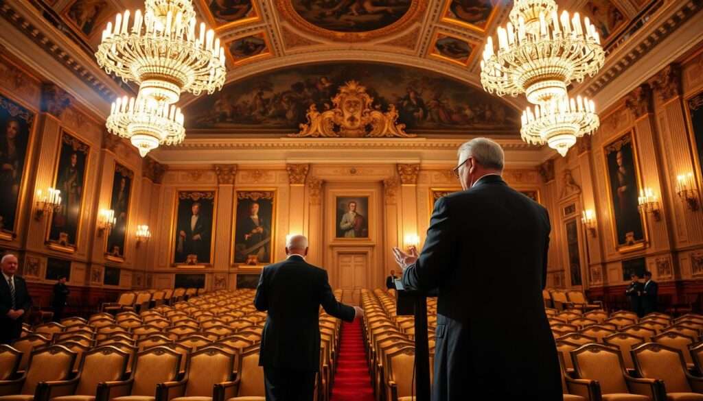 A grand, ornate interior of the Quirinal Palace, the official residence of the President of Italy. In the foreground, an elegantly dressed figure stands at a podium, gesturing as they address a gathering. The middle ground is filled with rows of plush chairs, conveying a sense of formality and ceremony. The background features high ceilings, intricate chandeliers, and richly decorated walls, all illuminated by warm, golden lighting that casts a regal ambiance. The overall scene suggests the weighty responsibilities and ceremonial duties of the Italian presidency, captured with a sense of grandeur and authority. A grand, ornate interior of the Quirinal Palace, the official residence of the President of Italy. In the foreground, an elegantly dressed figure stands at a podium, gesturing as they address a gathering. The middle ground is filled with rows of plush chairs, conveying a sense of formality and ceremony. The background features high ceilings, intricate chandeliers, and richly decorated walls, all illuminated by warm, golden lighting that casts a regal ambiance. The overall scene suggests the weighty responsibilities and ceremonial duties of the Italian presidency, captured with a sense of grandeur and authority.
