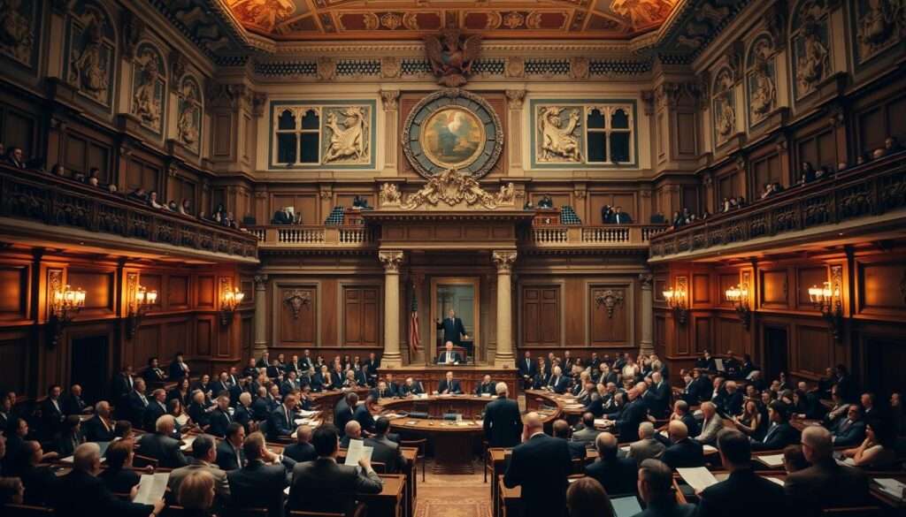 A grand parliamentary chamber with ornate architectural details, illuminated by soft, warm lighting. The central stage is the focus, where legislators engage in heated debate, their gestures and expressions conveying the gravity of the proceedings. The background is slightly blurred, emphasizing the importance of the central scene. The overall atmosphere is one of solemn deliberation, with a sense of weight and significance to the decisions being made.
