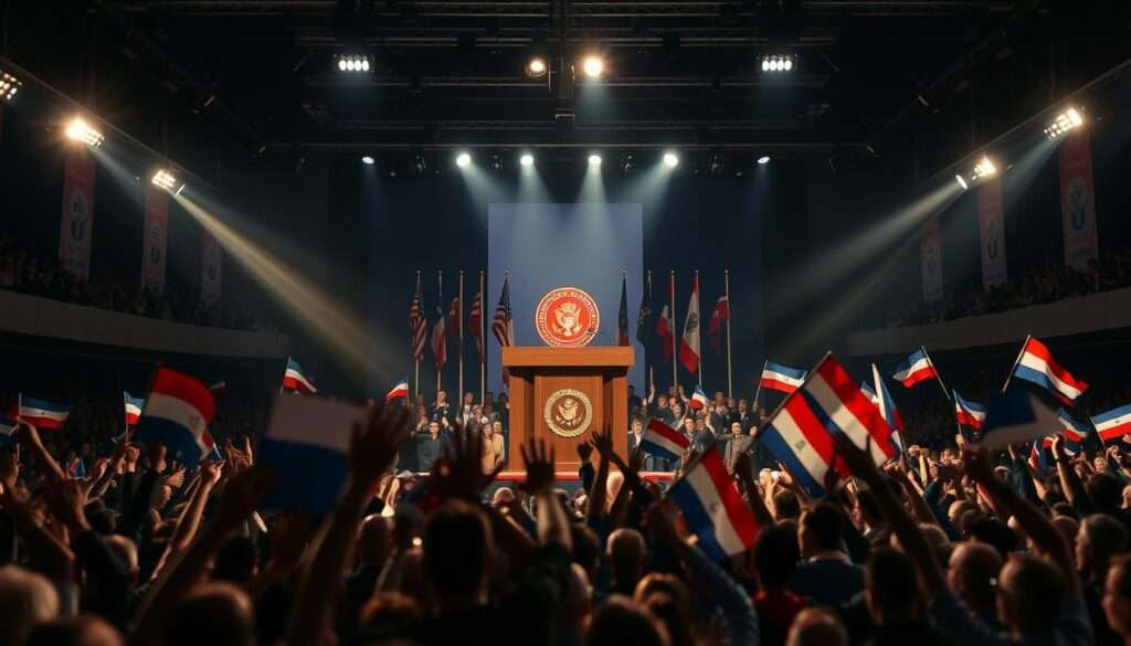 A grand podium stands in the center, adorned with the symbols of right-wing political parties. Spotlights cast dramatic shadows, creating an air of authority and power. In the foreground, a crowd of supporters waves flags and cheers, their faces filled with enthusiasm. The background is a blur of activity, capturing the energy and excitement of a pivotal election night. The overall scene conveys the influence and impact of the right-wing coalition's electoral results, reflecting the significance of this moment in the nation's political landscape.