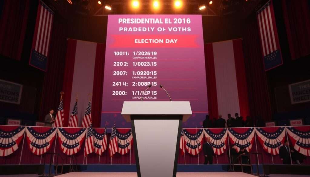 A grand presidential election backdrop, showcasing the crucial dates of the electoral cycle. In the foreground, a sleek podium stands ready, its clean lines framed by a bold, patriotic color scheme. Behind it, a towering display presents the key electoral milestones - the nomination period, campaign rallies, and the all-important election day. The scene is bathed in warm, authoritative lighting, conveying the gravity and significance of the democratic process. In the distance, the silhouettes of voters queue, eager to participate in shaping their nation's future. This image encapsulates the essence of a pivotal presidential election, capturing the anticipation and civic pride inherent in the exercise of democratic rights.