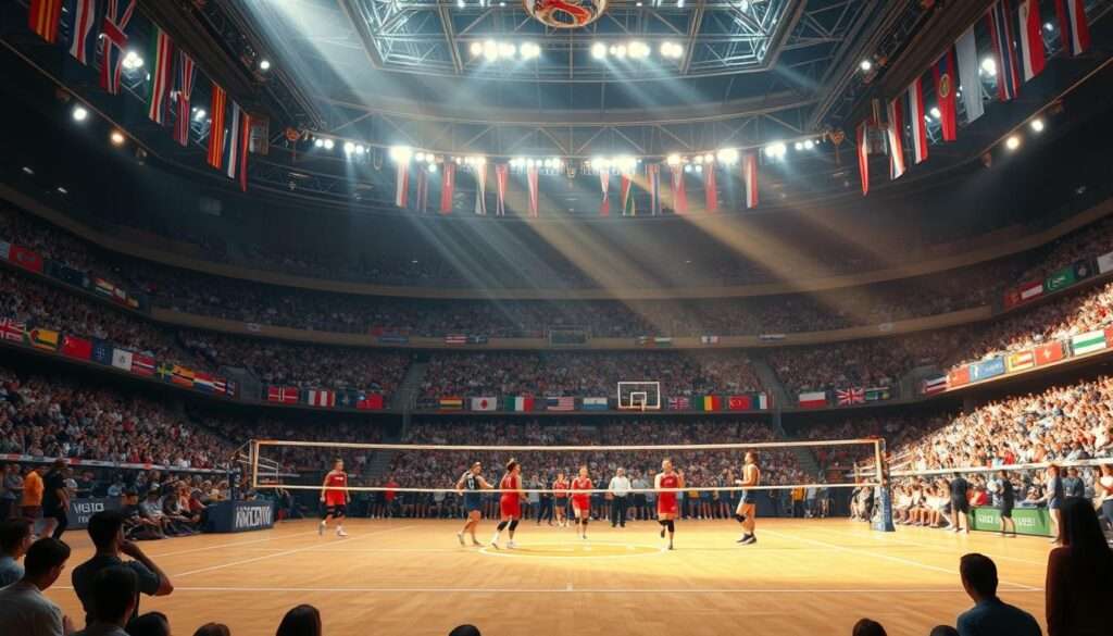 A grand stadium filled with cheering fans, the air electric with anticipation. In the foreground, a volleyball court takes center stage, net taut, waiting to host an epic clash between two skilled teams. The players, clad in vibrant uniforms, poised and focused, their movements a blur of athleticism. In the middle ground, a timeline of previous encounters unfolds, key moments captured in crisp detail - spikes, blocks, and digs that have etched their place in the annals of volleyball history. The background is a tapestry of national flags, emblems, and colors, representing the rich tapestry of international sportsmanship. Dramatic lighting casts dramatic shadows, heightening the sense of drama and competition. This is the storied history of volleyball matches, a visual symphony of triumph and rivalry. A grand stadium filled with cheering fans, the air electric with anticipation. In the foreground, a volleyball court takes center stage, net taut, waiting to host an epic clash between two skilled teams. The players, clad in vibrant uniforms, poised and focused, their movements a blur of athleticism. In the middle ground, a timeline of previous encounters unfolds, key moments captured in crisp detail - spikes, blocks, and digs that have etched their place in the annals of volleyball history. The background is a tapestry of national flags, emblems, and colors, representing the rich tapestry of international sportsmanship. Dramatic lighting casts dramatic shadows, heightening the sense of drama and competition. This is the storied history of volleyball matches, a visual symphony of triumph and rivalry.